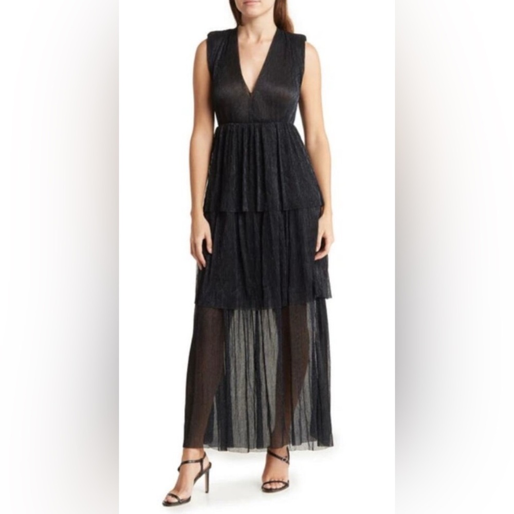 MELLODAY BLACK & BLUE TIERED MAXI GOWN